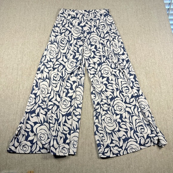 Coco Bianco Pants - Coco Bianco Wide Leg Pants Blue & White Floral Women 8 Stretch Palazzo Boho USA